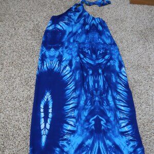 West African Vibrant Blue Tie-Dye Halter Neck Backless Sundress One Size NWOT